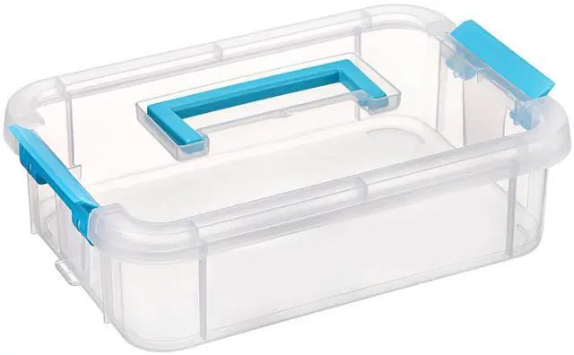 Main image of Clear Plastic Storage Box, Portable Organizer Container with Blue Handle, Stackable Storage Bin for Office Home, Multi-Use Container Box with Lid for Stationery Jewelry Craft Sewing Supplies