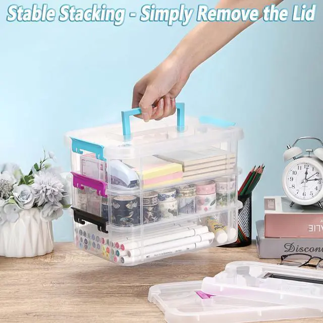 Alt view image 6 of 7 - Clear Plastic Storage Box, Portable Organizer Container with Blue Handle, Stackable Storage Bin for Office Home, Multi-Use Container Box with Lid for Stationery Jewelry Craft Sewing Supplies