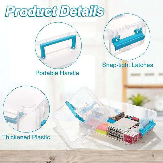 Alt view image 4 of 7 - Clear Plastic Storage Box, Portable Organizer Container with Blue Handle, Stackable Storage Bin for Office Home, Multi-Use Container Box with Lid for Stationery Jewelry Craft Sewing Supplies