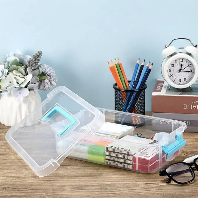 Alt view image 2 of 7 - Clear Plastic Storage Box, Portable Organizer Container with Blue Handle, Stackable Storage Bin for Office Home, Multi-Use Container Box with Lid for Stationery Jewelry Craft Sewing Supplies