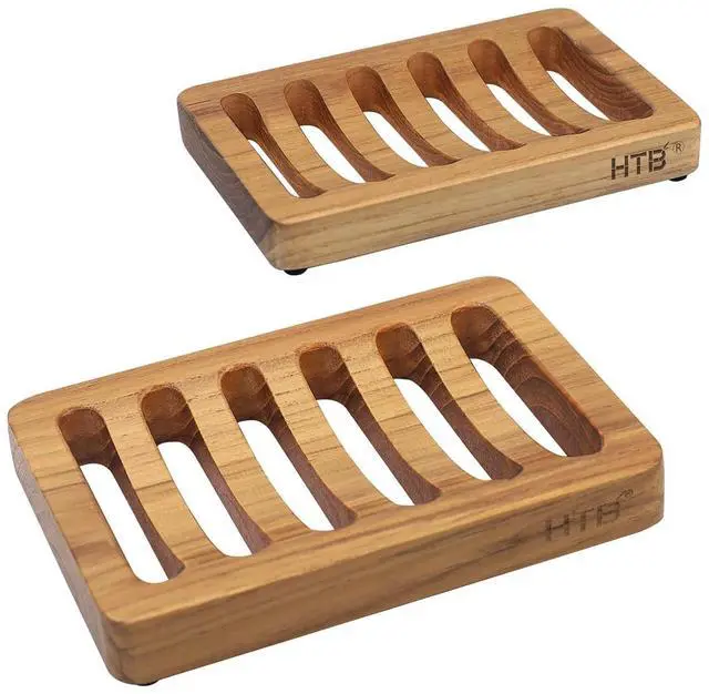 Main image of Slotted Soap Dish 2 Pack Teak Wood by HTB, Kitchen Wooden Sponge Holder, Self Draining Soap Dish for Shower, Sink, Bathroom, Bathtub, RV