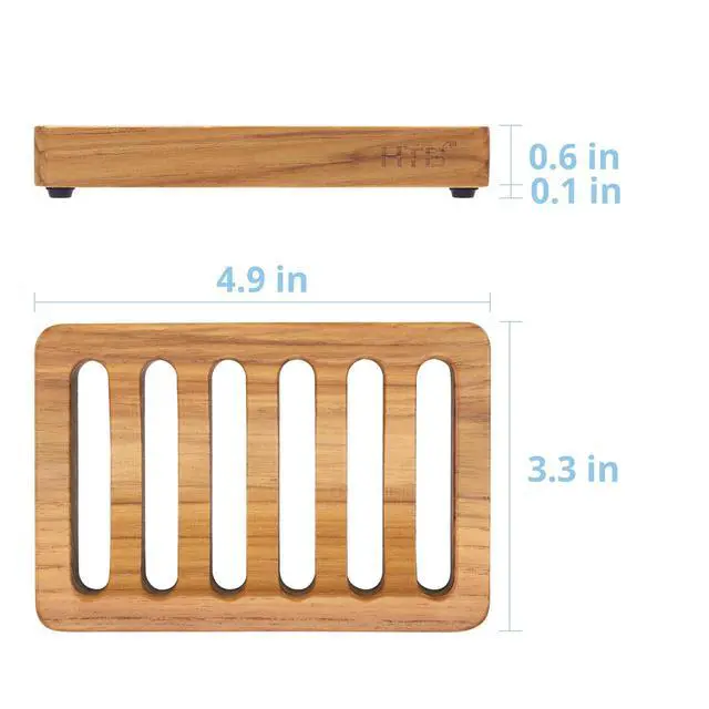 Alt view image 3 of 7 - Slotted Soap Dish 2 Pack Teak Wood by HTB, Kitchen Wooden Sponge Holder, Self Draining Soap Dish for Shower, Sink, Bathroom, Bathtub, RV
