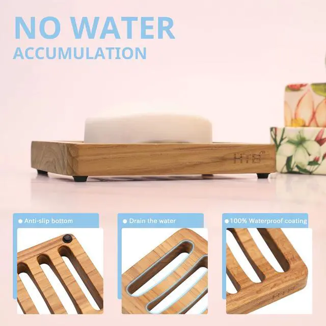 Alt view image 5 of 7 - Slotted Soap Dish 2 Pack Teak Wood by HTB, Kitchen Wooden Sponge Holder, Self Draining Soap Dish for Shower, Sink, Bathroom, Bathtub, RV