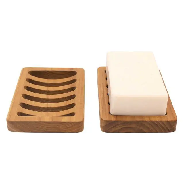 Alt view image 2 of 7 - Slotted Soap Dish 2 Pack Teak Wood by HTB, Kitchen Wooden Sponge Holder, Self Draining Soap Dish for Shower, Sink, Bathroom, Bathtub, RV