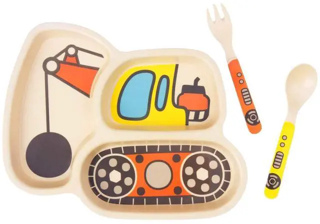 Main image of Kid Plate Set Bamboo Toddler Plates Dinnerware Dinner Dish Set Baby Feeding Spill Proof Divided Plate - Baby Spoon and fork 3-Piece Set for Kids and Toddlers Teaches Child Portion Control