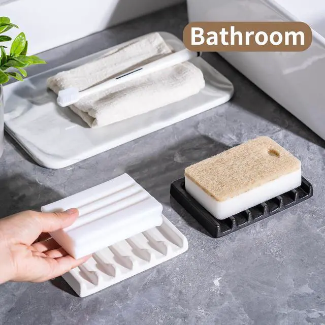 Alt view image 5 of 7 - Self Draining Premium Ceramic Soap Dish, Bar Waterfall Soap Dish, Shower Soap Holder Sponge Holder Soap Tray Savers for Bathroom, Shower, Kitchen, Sink and Countertop