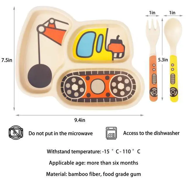 Alt view image 3 of 7 - Kid Plate Set Bamboo Toddler Plates Dinnerware Dinner Dish Set Baby Feeding Spill Proof Divided Plate - Baby Spoon and fork 3-Piece Set for Kids and Toddlers Teaches Child Portion Control