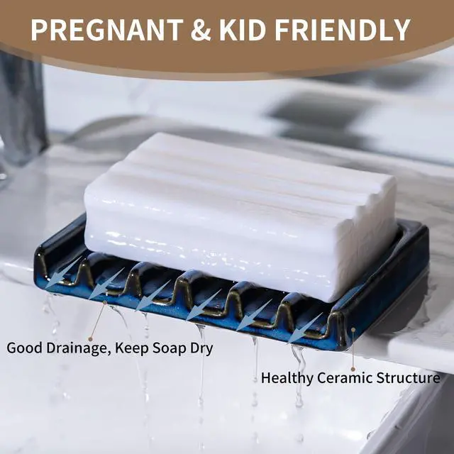 Alt view image 2 of 7 - Self Draining Premium Ceramic Soap Dish, Bar Waterfall Soap Dish, Shower Soap Holder Sponge Holder Soap Tray Savers for Bathroom, Shower, Kitchen, Sink and Countertop