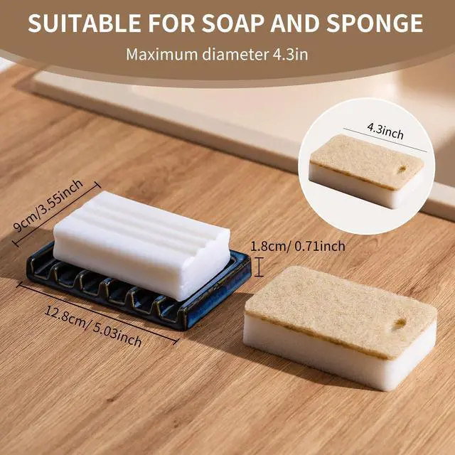 Alt view image 3 of 7 - Self Draining Premium Ceramic Soap Dish, Bar Waterfall Soap Dish, Shower Soap Holder Sponge Holder Soap Tray Savers for Bathroom, Shower, Kitchen, Sink and Countertop