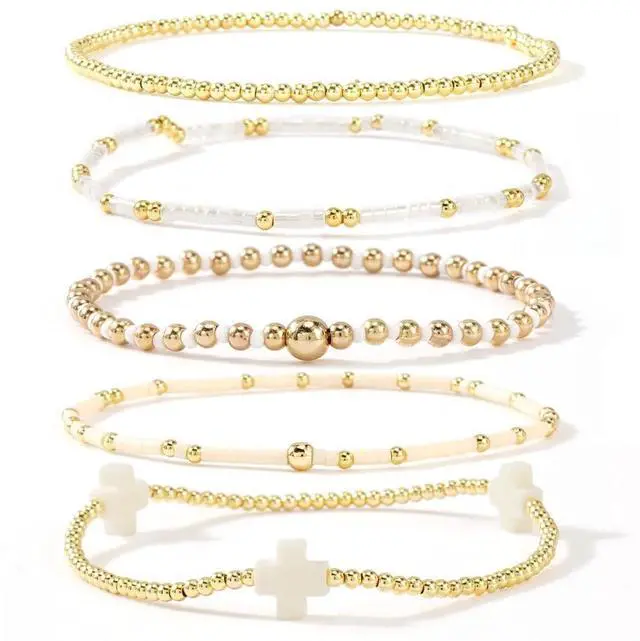 Main image of Gold Beaded Stretch Bracelets Stack for Women - 14k Gold Stackable Elastic Cross Bracelet, White Waterproof Stretchy Seed Beads Jewelry Christian Faith Friendship Summer Beach Mothers Day Gifts