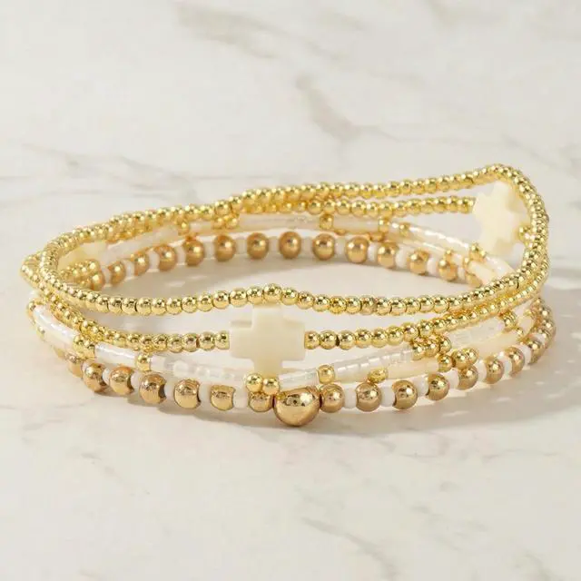 Alt view image 5 of 7 - Gold Beaded Stretch Bracelets Stack for Women - 14k Gold Stackable Elastic Cross Bracelet, White Waterproof Stretchy Seed Beads Jewelry Christian Faith Friendship Summer Beach Mothers Day Gifts