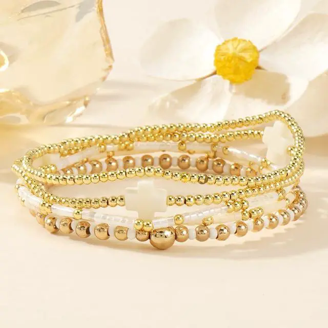 Alt view image 4 of 7 - Gold Beaded Stretch Bracelets Stack for Women - 14k Gold Stackable Elastic Cross Bracelet, White Waterproof Stretchy Seed Beads Jewelry Christian Faith Friendship Summer Beach Mothers Day Gifts