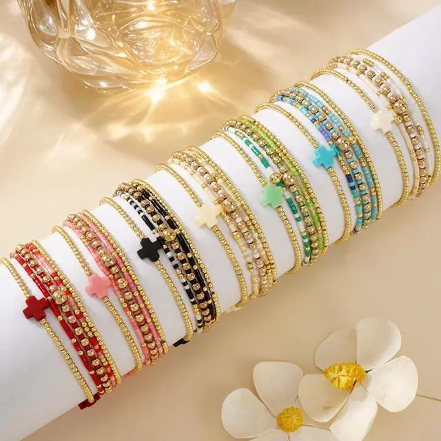 Alt view image 6 of 7 - Gold Beaded Stretch Bracelets Stack for Women - 14k Gold Stackable Elastic Cross Bracelet, White Waterproof Stretchy Seed Beads Jewelry Christian Faith Friendship Summer Beach Mothers Day Gifts