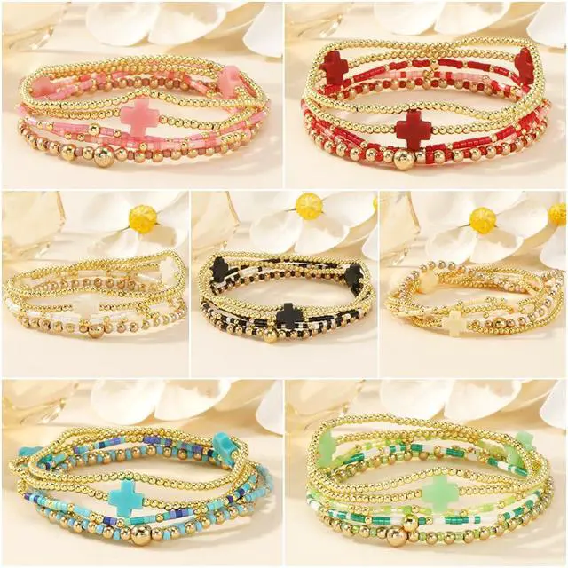Alt view image 7 of 7 - Gold Beaded Stretch Bracelets Stack for Women - 14k Gold Stackable Elastic Cross Bracelet, White Waterproof Stretchy Seed Beads Jewelry Christian Faith Friendship Summer Beach Mothers Day Gifts