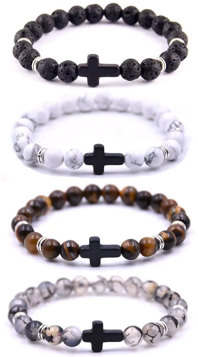 Main image of 4PCS Cross Beads Bracelet for Men Women 8mm Healing Lava Stone Stretch Bracelets,7.5"