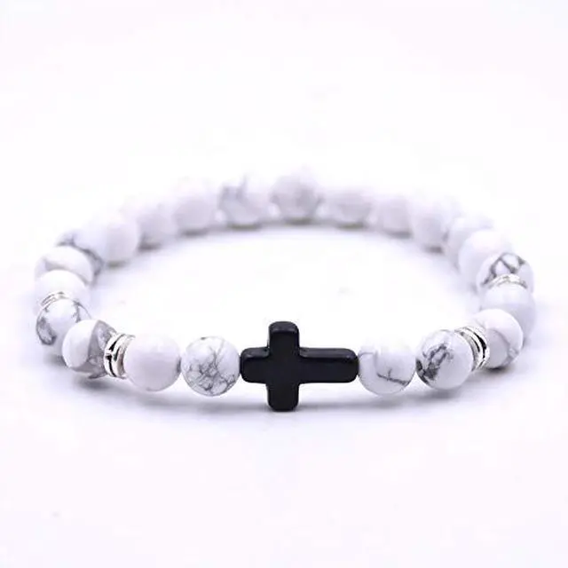 Alt view image 3 of 6 - 4PCS Cross Beads Bracelet for Men Women 8mm Healing Lava Stone Stretch Bracelets,7.5"