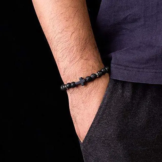 Alt view image 2 of 6 - 4PCS Cross Beads Bracelet for Men Women 8mm Healing Lava Stone Stretch Bracelets,7.5"