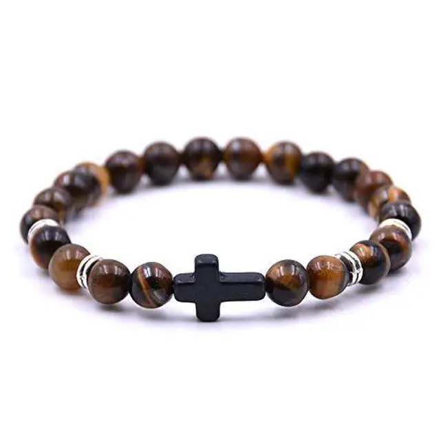 Alt view image 5 of 6 - 4PCS Cross Beads Bracelet for Men Women 8mm Healing Lava Stone Stretch Bracelets,7.5"