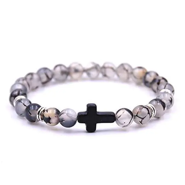 Alt view image 4 of 6 - 4PCS Cross Beads Bracelet for Men Women 8mm Healing Lava Stone Stretch Bracelets,7.5"