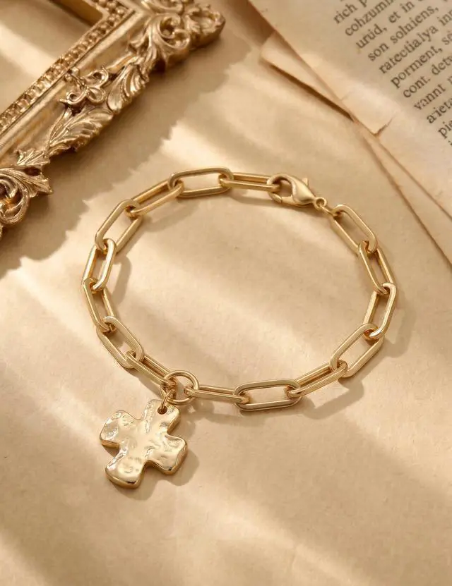 Alt view image 5 of 6 - Chunky Gold Cross Bracelet for Women, Vintage Hammered Cross Pendant Paperclip Chain Bracelet (Gold)