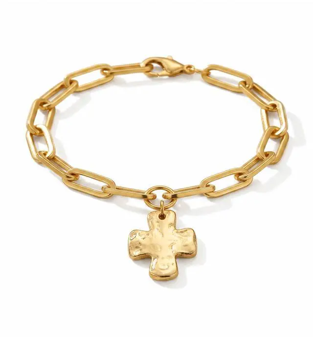 Main image of Chunky Gold Cross Bracelet for Women, Vintage Hammered Cross Pendant Paperclip Chain Bracelet (Gold)
