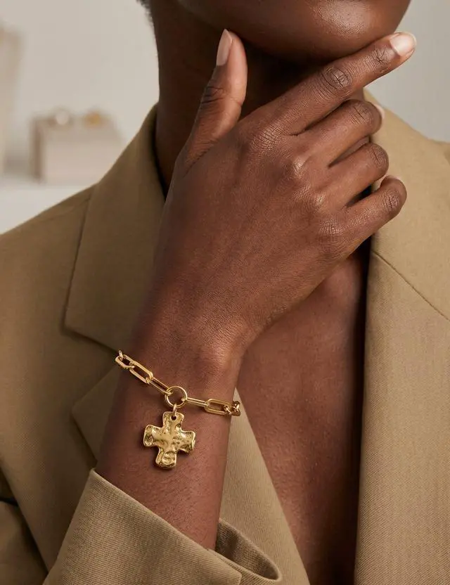 Alt view image 2 of 6 - Chunky Gold Cross Bracelet for Women, Vintage Hammered Cross Pendant Paperclip Chain Bracelet (Gold)