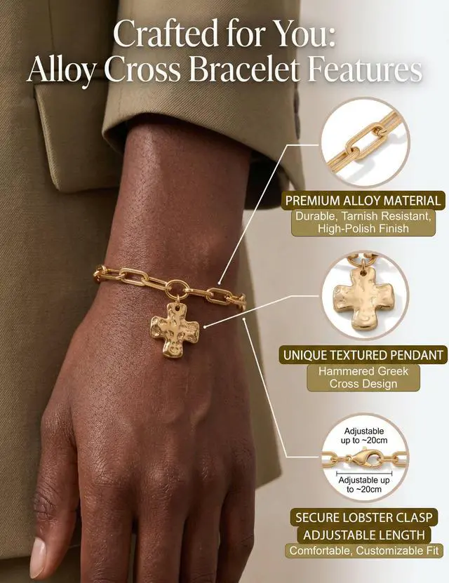 Alt view image 3 of 6 - Chunky Gold Cross Bracelet for Women, Vintage Hammered Cross Pendant Paperclip Chain Bracelet (Gold)