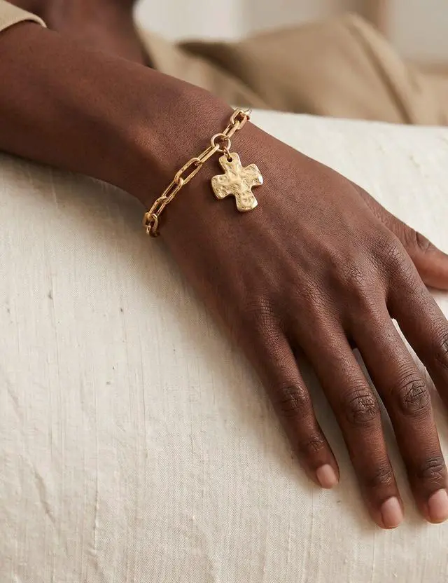 Alt view image 6 of 6 - Chunky Gold Cross Bracelet for Women, Vintage Hammered Cross Pendant Paperclip Chain Bracelet (Gold)