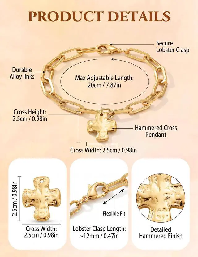 Alt view image 4 of 6 - Chunky Gold Cross Bracelet for Women, Vintage Hammered Cross Pendant Paperclip Chain Bracelet (Gold)