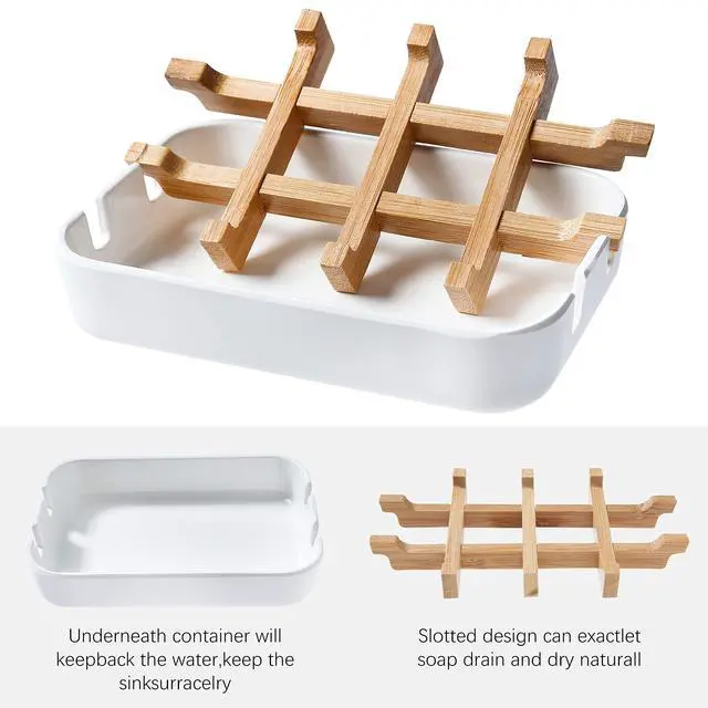 Alt view image 2 of 6 - Soap Dishes for Bar Soap,2 Pack Environmentally-Friendly Bathroom Soap Dishes (Removable),2Pcs/Set Bamboo Soap Dishes Holder,Bathroom Sink Soap Dish,White