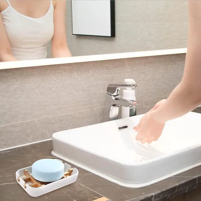 Alt view image 4 of 6 - Soap Dishes for Bar Soap,2 Pack Environmentally-Friendly Bathroom Soap Dishes (Removable),2Pcs/Set Bamboo Soap Dishes Holder,Bathroom Sink Soap Dish,White