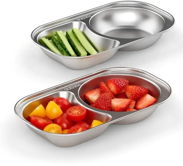 Main image of 2PCS Stainless Steel Toddler Plates with 2 Dividers, Kids Plates for Snack Portion Control, Small Divided Plate for Baby Feeding & Adults Camping, Non-toxic Dishwasher Safe Metal Dish