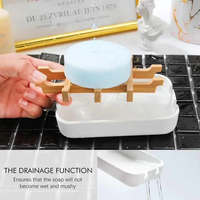 Alt view image 3 of 6 - Soap Dishes for Bar Soap,2 Pack Environmentally-Friendly Bathroom Soap Dishes (Removable),2Pcs/Set Bamboo Soap Dishes Holder,Bathroom Sink Soap Dish,White