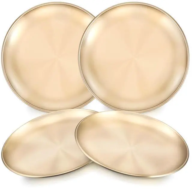Main image of Kids Plates, 4 PCS Stainless Steel Baby Dinner Plates Set, 8 Inch Toddler Metal Dishes, Unbreakable Dishes for Camping Serving Party, Non Toxic, Matte Finished & Dishwasher Safe, Gold