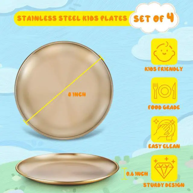 Alt view image 2 of 7 - Kids Plates, 4 PCS Stainless Steel Baby Dinner Plates Set, 8 Inch Toddler Metal Dishes, Unbreakable Dishes for Camping Serving Party, Non Toxic, Matte Finished & Dishwasher Safe, Gold