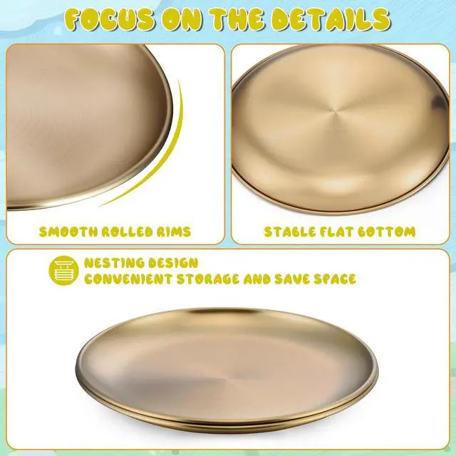 Alt view image 3 of 7 - Kids Plates, 4 PCS Stainless Steel Baby Dinner Plates Set, 8 Inch Toddler Metal Dishes, Unbreakable Dishes for Camping Serving Party, Non Toxic, Matte Finished & Dishwasher Safe, Gold