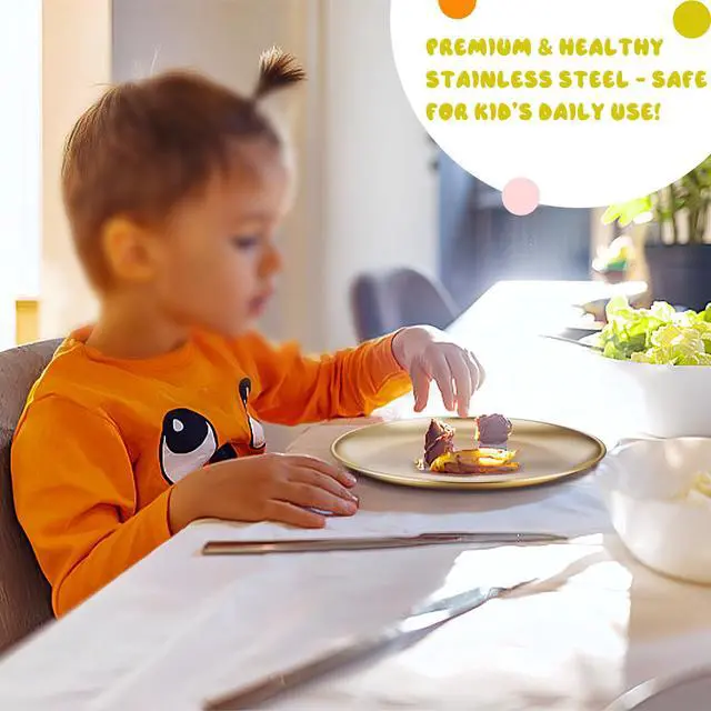 Alt view image 6 of 7 - Kids Plates, 4 PCS Stainless Steel Baby Dinner Plates Set, 8 Inch Toddler Metal Dishes, Unbreakable Dishes for Camping Serving Party, Non Toxic, Matte Finished & Dishwasher Safe, Gold