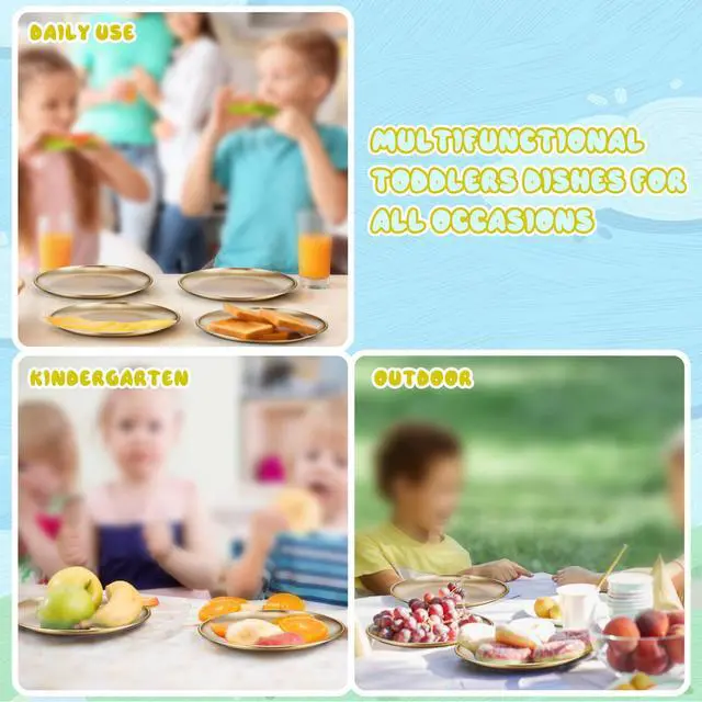 Alt view image 7 of 7 - Kids Plates, 4 PCS Stainless Steel Baby Dinner Plates Set, 8 Inch Toddler Metal Dishes, Unbreakable Dishes for Camping Serving Party, Non Toxic, Matte Finished & Dishwasher Safe, Gold