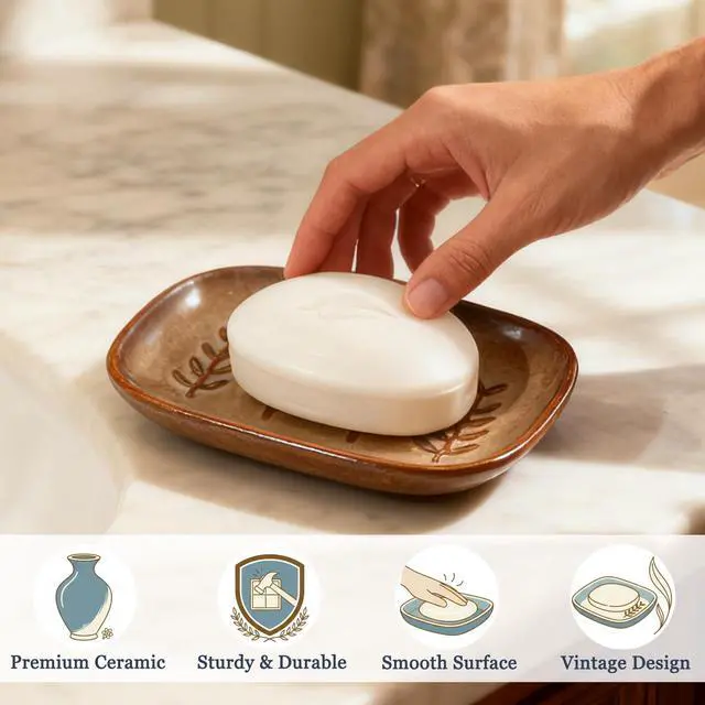 Alt view image 4 of 7 - Aesthetic Ceramic Soap Dish for Shower, Soap Holder with Raised Relief, Shower Soap Dish for Shampoo Bar Or Sponge, Soap Saver for Bathroom, Kitchen, Sink, Decorative Soap Tray (Brown)