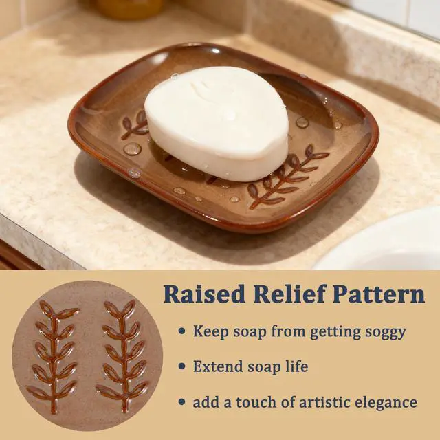 Alt view image 3 of 7 - Aesthetic Ceramic Soap Dish for Shower, Soap Holder with Raised Relief, Shower Soap Dish for Shampoo Bar Or Sponge, Soap Saver for Bathroom, Kitchen, Sink, Decorative Soap Tray (Brown)