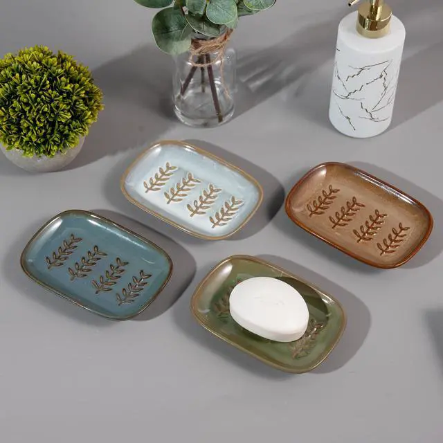 Alt view image 7 of 7 - Aesthetic Ceramic Soap Dish for Shower, Soap Holder with Raised Relief, Shower Soap Dish for Shampoo Bar Or Sponge, Soap Saver for Bathroom, Kitchen, Sink, Decorative Soap Tray (Brown)