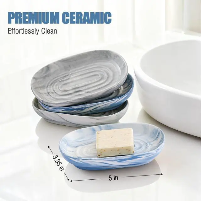 Alt view image 3 of 7 - Blue Ceramic Soap Dish with Unique Marble Texture, Decorative Bar Soap Holder for Bathroom and Kitchen, Cute Soap Dishes for Bar Soap, Jewelry, Family, Valentines Day Gifts (Blue Texture)