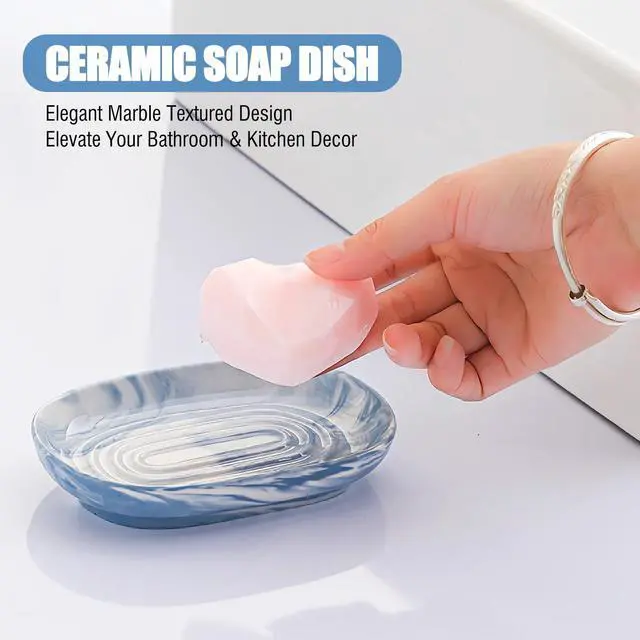 Alt view image 2 of 7 - Blue Ceramic Soap Dish with Unique Marble Texture, Decorative Bar Soap Holder for Bathroom and Kitchen, Cute Soap Dishes for Bar Soap, Jewelry, Family, Valentines Day Gifts (Blue Texture)