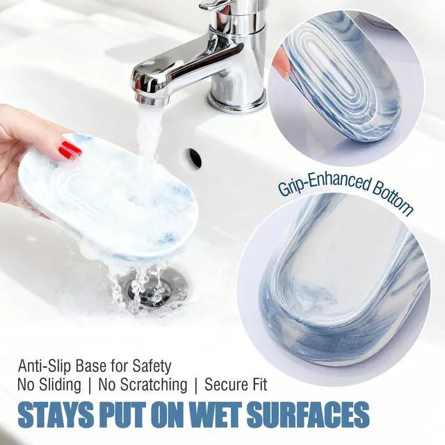 Alt view image 5 of 7 - Blue Ceramic Soap Dish with Unique Marble Texture, Decorative Bar Soap Holder for Bathroom and Kitchen, Cute Soap Dishes for Bar Soap, Jewelry, Family, Valentines Day Gifts (Blue Texture)