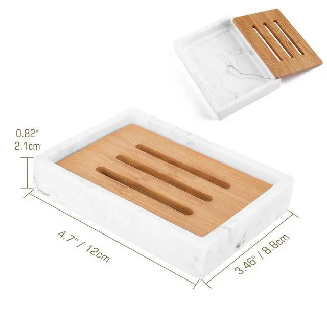 Alt view image 5 of 6 - Bamboo Soap Dish, Resin Soap Holder with Drainage, Wooden Soap Dish for Shower, Bathroom, Sink, Kitchen and Countertop, Gravel White