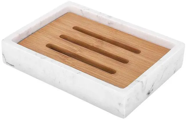 Main image of Bamboo Soap Dish, Resin Soap Holder with Drainage, Wooden Soap Dish for Shower, Bathroom, Sink, Kitchen and Countertop, Gravel White