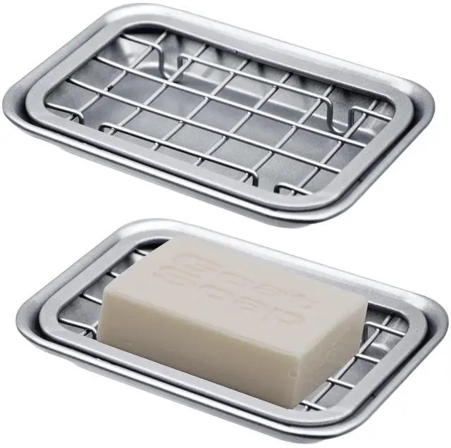 Main image of Kitchen and Bathroom Soap Dish Tray - Metal 2-Piece Soap Dish Tray with Drainage Grid and Holder for Kitchen Sink Countertops to Store Soap, Sponges, Scrubbers - Rust Resistant (2 Pack, Silver)