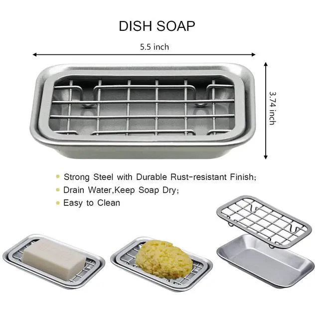 Alt view image 2 of 7 - Kitchen and Bathroom Soap Dish Tray - Metal 2-Piece Soap Dish Tray with Drainage Grid and Holder for Kitchen Sink Countertops to Store Soap, Sponges, Scrubbers - Rust Resistant (2 Pack, Silver)