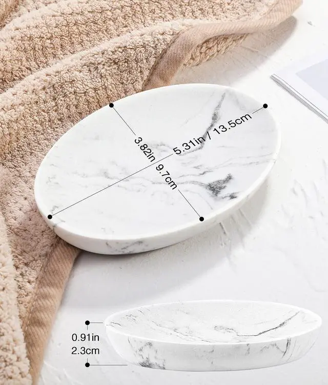Alt view image 6 of 7 - Soap Dish, Resin Soap Tray Soap Holder Container Box, Marble Pattern Oval Soap Plate Case, Sponge Dish Scrubbers Tray Holder for Bathroom Vanity Shower Kitchen Sink Counter Top, Gravel White