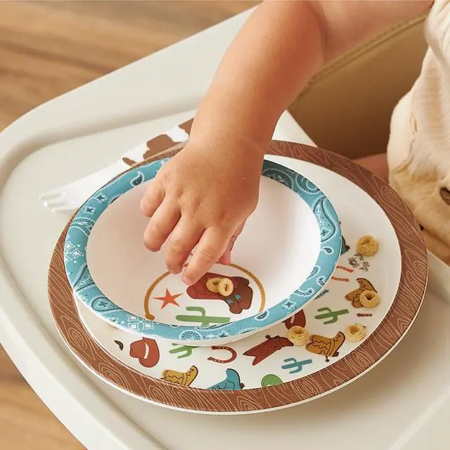 Alt view image 2 of 7 - Kids Dinnerware Set Toddler Mealtime Dining Set for Ages 6+ Months with Melamine Plate, Bowl, Fork & Spoon - Dishwasher Safe Baby Feeding Set For Independent Eating (Western)